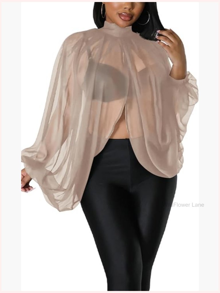 Women Sheer Chiffon Blouse Bell Sleeve Open Back Mock Neck Batwing Top Party